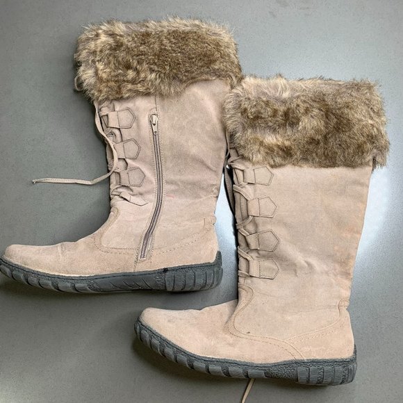 Bucco Capensis Mishasha-W Beige Knee High Boots With Faux Fur Trim Size 10  A-25 - Picture 1 of 7